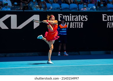 MELBOURNE, AUSTRALIA - 19 JANUARY, 2022: Australian Open Tennis Grand Slam. Day 3, Aryna Sabalenka (BLR) won against Marketa Vondrousova (CZE). 4:6, 6:3, 6:1. Sabalenka with a leap. 