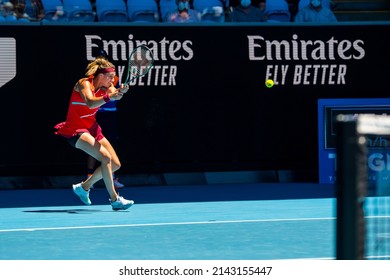 MELBOURNE, AUSTRALIA - 19 JANUARY, 2022: Australian Open Tennis Grand Slam. Day 3, Aryna Sabalenka (BLR) won against Marketa Vondrousova (CZE). 4:6, 6:3, 6:1. Sabalenka plays from the back line.