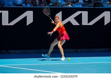 MELBOURNE, AUSTRALIA - 19 JANUARY, 2022: Australian Open Tennis Grand Slam. Day 3, Aryna Sabalenka (BLR) won against Marketa Vondrousova (CZE). 4:6, 6:3, 6:1. Sabalenka with a low flying ball.