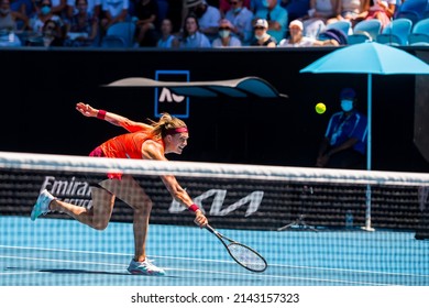 MELBOURNE, AUSTRALIA - 19 JANUARY, 2022: Australian Open Tennis Grand Slam. Day 3, Aryna Sabalenka (BLR) won against Marketa Vondrousova (CZE). 4:6, 6:3, 6:1. Sabalenka with a drop shot by the net