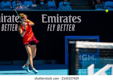 MELBOURNE, AUSTRALIA - 19 JANUARY, 2022: Australian Open Tennis Grand Slam. Day 3, Aryna Sabalenka (BLR) won against Marketa Vondrousova (CZE). 4:6, 6:3, 6:1. Sabalenka with powerful return.
