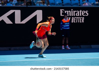 MELBOURNE, AUSTRALIA - 19 JANUARY, 2022: Australian Open Tennis Grand Slam. Day 3, Aryna Sabalenka (BLR) won against Marketa Vondrousova (CZE). 4:6, 6:3, 6:1. Sabalenka running to the net.