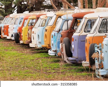 Melbourne, Australia, 2015, Sept 4: Row of defunct and run down desolate vans of all the same Volkswagen Bully T2 type in black and white, Australia 2015
