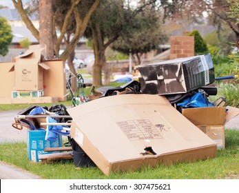 Melbourne, Australia - 2016, Augus.t 15: Large Cardboard Packaging And Other Items In Front Of Middle Class Residential Housing For The Annual Hard Rubbish Collection, Glen Waverley, Melbourne 2015