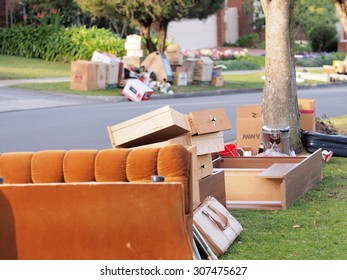 Melbourne, Australia - 2016, August 15: Lounge Suite Sofa And Other Items In Front Of Middle Class Residential Housing For The Annual Hard Rubbish Collection, In Glen Waverley, Melbourne 2015