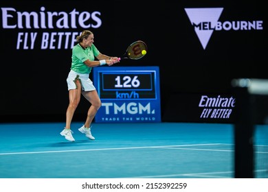 MELBOURNE, AUSTRALIA - 22 JANUARY, 2022: Australian Open Tennis Grand Slam. Day 6, Sorana Cirstea (ROM) won against Anastasia Pavlyuchenkova (RUS) 6:3, 2:6, 6:2 Pavlyuchenkova backhand return.