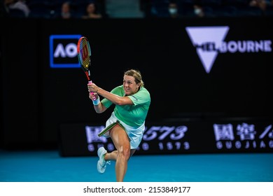 MELBOURNE, AUSTRALIA - 22 JANUARY, 2022: Australian Open Tennis Grand Slam. Day 6, Sorana Cirstea (ROM) won against Anastasia Pavlyuchenkova (RUS) 6:3, 2:6, 6:2 Pavlyuchenkova after returning ball.