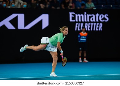 MELBOURNE, AUSTRALIA - 22 JANUARY, 2022: Australian Open Tennis Grand Slam. Day 6, Sorana Cirstea (ROM) won against Anastasia Pavlyuchenkova (RUS) 6:3, 2:6, 6:2 Pavlyuchenkova lands after serve