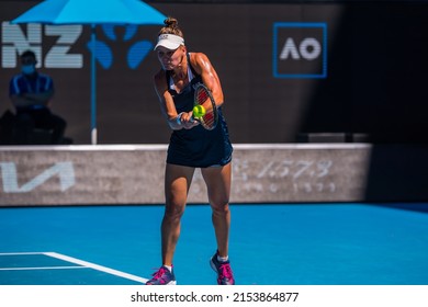 MELBOURNE, AUSTRALIA - 22 JANUARY, 2022: Australian Open Tennis. Day 6, Doubles: V. Kudermetova (RUS) and E. Mertens (BEL) won against Y. Xu and Z. Yang (CHN) 7:6, 6:4 Kudermetova hits the ball.