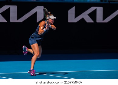 MELBOURNE, AUSTRALIA - 22 JANUARY, 2022: Australian Open Tennis. Day 6, Doubles: V. Kudermetova (RUS) and E. Mertens (BEL) won against Y. Xu and Z. Yang (CHN) 7:6, 6:4, Kudmertova in action.