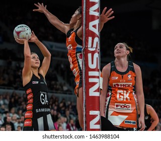 MELBOURNE, AUSTRALIA -28 JULY, 2019: Suncorp Super Netball, Melbourne 2019, Week 10, Collingwood Magpies Netball VS Giants Netball. Shot On Goal.