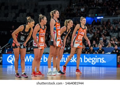 MELBOURNE, AUSTRALIA -28 JULY, 2019: Suncorp Super Netball, Melbourne 2019, Week 10, Collingwood Magpies Netball VS Giants Netball. Line Up.