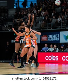 MELBOURNE, AUSTRALIA -28 JULY, 2019: Suncorp Super Netball, Melbourne 2019, Week 10, Collingwood Magpies Netball VS Giants Netball. Blocking.