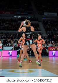 MELBOURNE, AUSTRALIA -28 JULY, 2019: Suncorp Super Netball, Melbourne 2019, Week 10, Collingwood Magpies Netball VS Giants Netball. In The Air. 