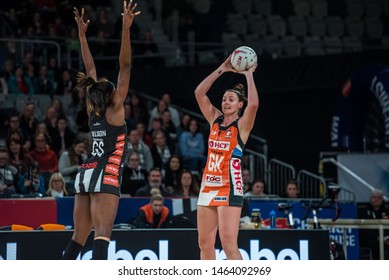 MELBOURNE, AUSTRALIA -28 JULY, 2019: Suncorp Super Netball, Melbourne 2019, Week 10, Collingwood Magpies Netball VS Giants Netball. One On One.