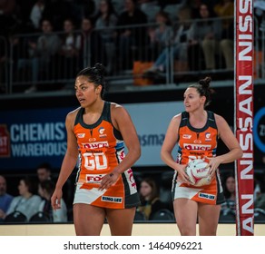 MELBOURNE, AUSTRALIA -28 JULY, 2019: Suncorp Super Netball, Melbourne 2019, Week 10, Collingwood Magpies Netball VS Giants Netball. Giants Goal Defence Team.