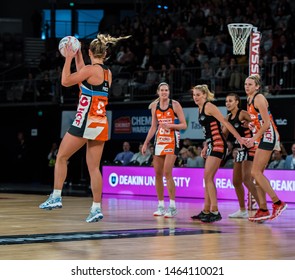 MELBOURNE, AUSTRALIA -28 JULY, 2019: Suncorp Super Netball, Melbourne 2019, Week 10, Collingwood Magpies Netball VS Giants Netball. Air Time