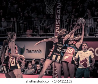 MELBOURNE, AUSTRALIA -28 JULY, 2019: Suncorp Super Netball, Melbourne 2019, Week 10, Collingwood Magpies Netball VS Giants Netball. Dramatic Battle