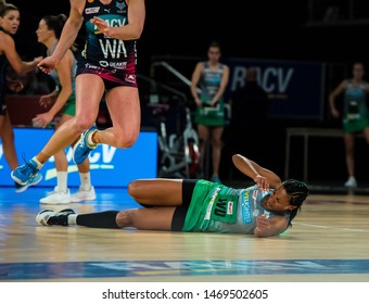 MELBOURNE, AUSTRALIA -3 AUGUST, 2019: Suncorp Super Netball, Melbourne 2019, Week 11, VIXENS Vs WEST COAST FEVER. Stacey Francis Is Down.