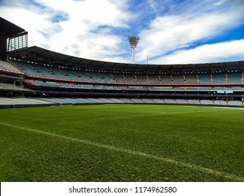 Melbourne, Australia - 7th September, 2017: View Of The Vast Green Fields And Empty Seats Of The Colossal Stands Of Melbourne Cricket Ground (MCG)