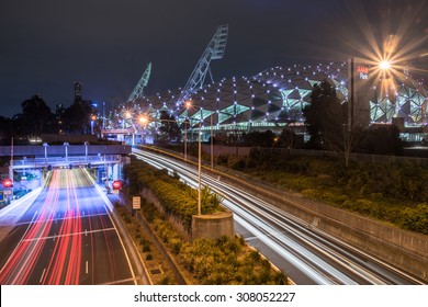 MELBOURNE, AUSTRALIA, 9 AUGUST 2015 : The Melbourne Rectangular Stadium. Commercially Known As AAMI Park At Night.