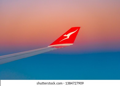 Melbourne, Australia - Apr 25, 2019: Qantas Plane Wing At Sunrise