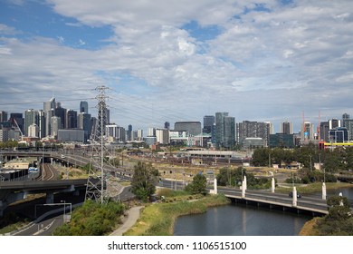 Melbourne, Australia: April 01, 2018: Melbourne Cityscape From The City Link Toll Road Into The City.