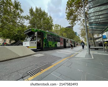 Melbourne, Australia - April 3, 2022: Tram Stop In Front Of Melbourne Central.