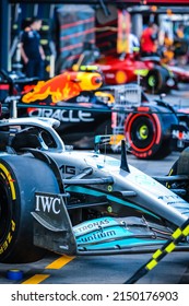 MELBOURNE, AUSTRALIA - APRIL 8: F1 Cars Lined Up In Pit Lane At The 2022 Australian Formula 1 Grand Prix On 8th April 2022