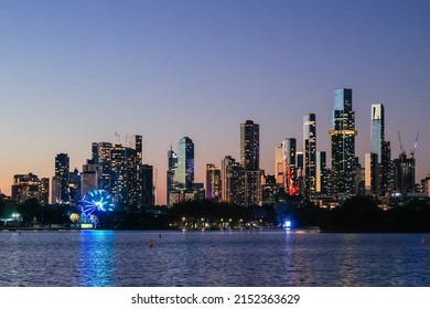 MELBOURNE, AUSTRALIA - APRIL 9: Night Atmosphere And Melbourne Skyline At The 2022 Australian Formula 1 Grand Prix On 9th April 2022