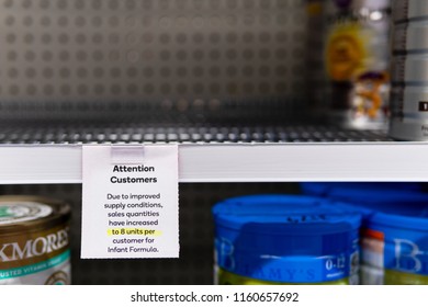 Melbourne, Australia - Aug 10, 2018: Infant Formula Buying Limit Has Changed To 8 Units Per Customer, Yet Shelf Still Empty.