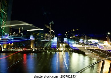 MELBOURNE, AUSTRALIA - Aug 21, 2021: An Empty Flinders Street Station Intersection In Melbourne's CBD After Curfew During Covid-19 Lockdown 2021 Looking Down The Tram Tracks 