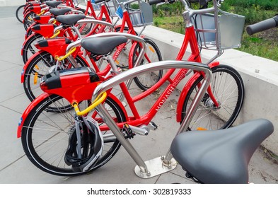 Melbourne, Australia - August 2, 2015: Red Bicycles Of The On-campus Share Bike Scheme At The Monash University Clayton Campus.