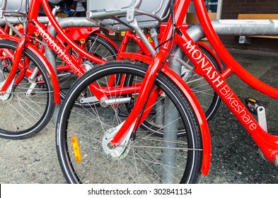 Melbourne, Australia - August 2, 2015: Red Bicycles Of The On-campus Share Bike Scheme At The Monash University Clayton Campus.