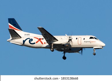 Melbourne, Australia - August 23, 2014: Regional Express Airlines (REX Airlines) Saab 340B VH-NRX On Approach To Land At Melbourne Airport.