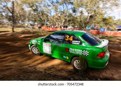 MELBOURNE, AUSTRALIA - AUGUST 27: Driver Joel Perkins And Co Driver Tom Brennan In A Hyundai Excel During The 2017 Victorian Rally Championship, Round 3, Australia On August 27 2017.