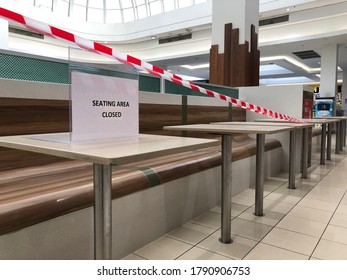 Melbourne, Australia - Circa May, 2020: Closed Food Court Tables With Sign