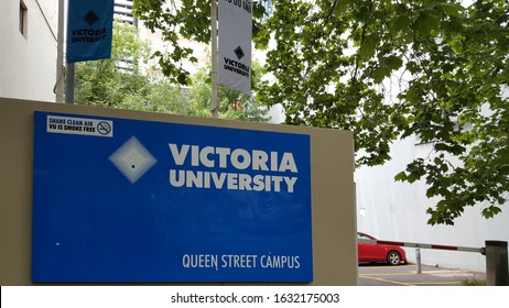 Melbourne, Australia - Dec 2019: A View Of Victoria University Signboard Outside The Campus Building.  It Is A Modern Building In The Centre Of Melbourne’s Busy Central Business District (CBD)