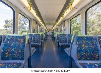 Melbourne, Australia - Dec 25, 2015: Interior Of An Empty Moving Metro Train In Melbourne