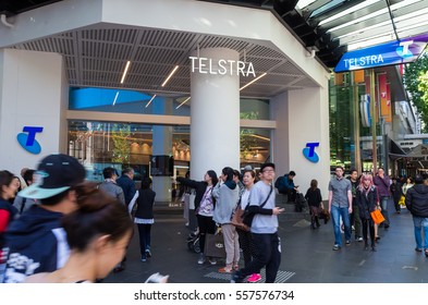 Melbourne, Australia - December 18, 2016: Telstra is Australia's largest mobile telephone and internet service provider. This is a Telstra retail shop on Bourke and Swanston Streets in Melbourne.