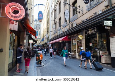 Melbourne, Australia - December 18, 2016: Degraves Street is a popular cafe and retail laneway between Flinders Street and Flinders Lane in Melbourne.