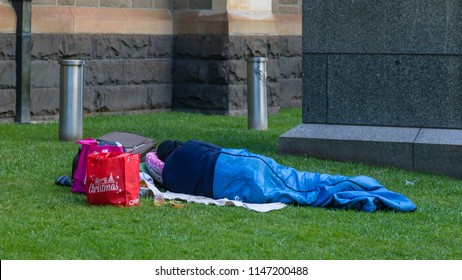 Melbourne, Australia - December 25 2017: A Merry Christmas For The Many Homeless People Is Not A Reality In Melbourne. The 2017 Census Reports 105,000 Homeless People Australia-wide. 