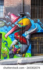 MELBOURNE, AUSTRALIA - December 29, 2013: street art by an unknown artist in Rutledge Lane, a location where street art is permitted and encouraged.