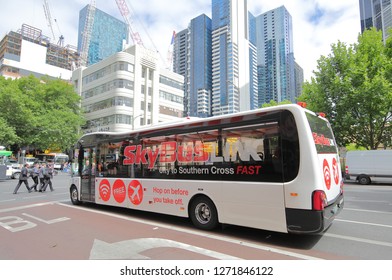 MELBOURNE AUSTRALIA - DECEMBER 4, 2018: Skybus Airport Bus Drive Through Downtown In Melbourne Australia