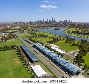 MELBOURNE, AUSTRALIA - Feb 07, 2020: An Aerial View Of The Albert Park F1 Grand Prix Circuit With The Lake And Melbourne In The Background In Australia