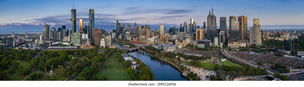 MELBOURNE, AUSTRALIA - Feb 07, 2020: A Panoramic View Of The Melbourne Cityscape And Skyline In Australia At Dawn