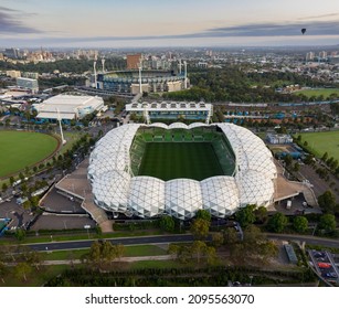 MELBOURNE, AUSTRALIA - Feb 07, 2020: An Aerial Panoramic View Of AAMI Stadium And The MCG In The Background In Melbourne, Australia