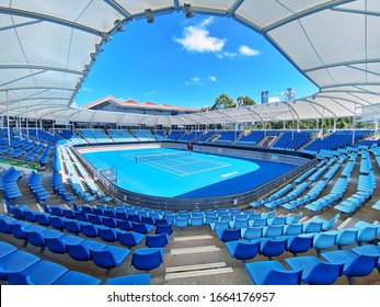 MELBOURNE, AUSTRALIA - FEB 2020: Panoramic Australian Open Tennis Court At Melbourne Park With Light Blue Sky.