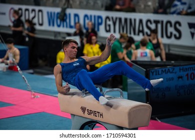 MELBOURNE, AUSTRALIA - FEBRUARY 20, 2020: World Cup Gymnastics, Melbourne 2020 Qualification, Men's Pommel Horse (PH) Alexander Myakinin (ISR) From Israel, Taken A Fall