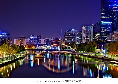 Melbourne Australia February 23 2015 The city skyline in HDR at night reflected in the Yarra River.